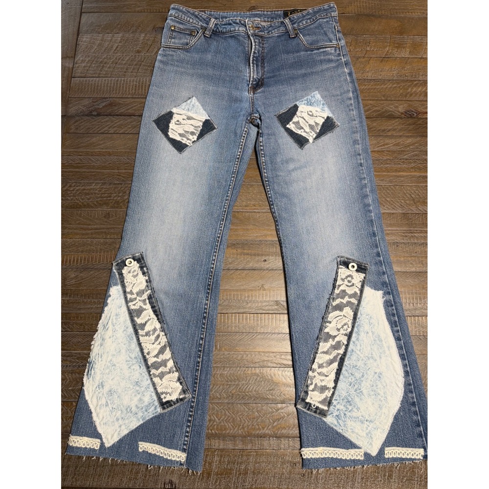 Lawman Flare Jeans Womens 13/14 Blue Patchwork Lace Western Denim Pants Preloved